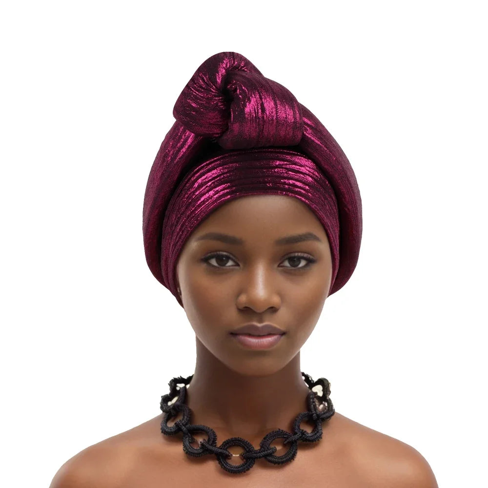Glitter Fabric African Auto Gele Headtie Nigeria Party Headwear Turbante Mujer Knoted Turban Cap Women's Head Wraps - NamafadStore
