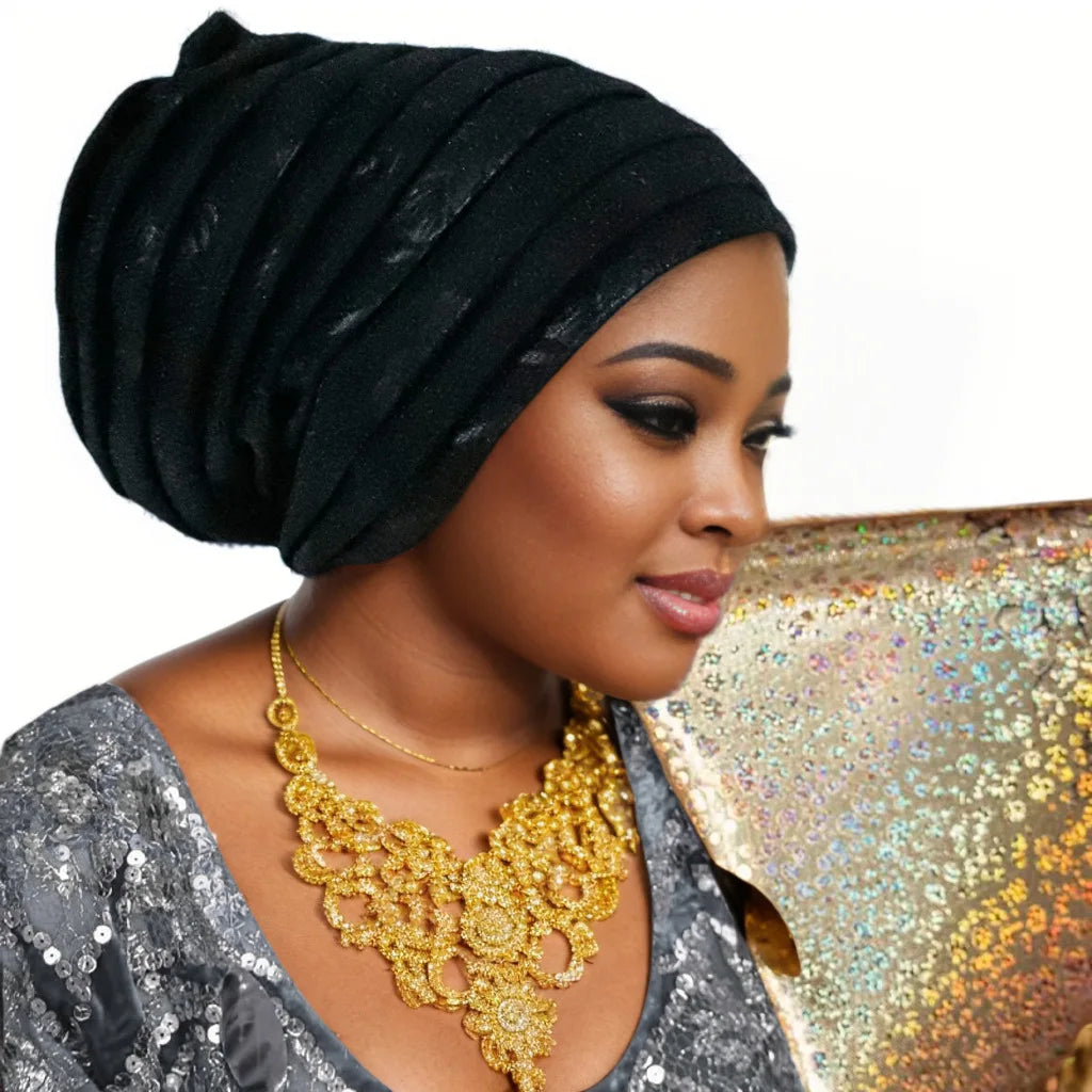 Glitter Full Body Pleated Turban Cap for Women 2025 Lady Head Wraps Muslim Headscarf Hat Turbante Mujer African Headpiece