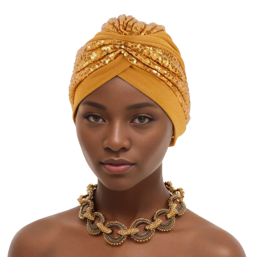 Shining Sequins African Turban Cap Female Head Wraps Muslim Headscarf Bonnet Hijab Hat Nigeria Wedding Party Headpiece - NamafadStore