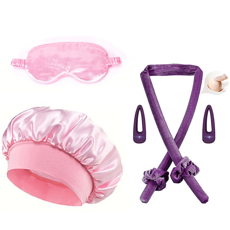 5/6/7pcs Set No Heat Hair Curler Salon Satin Sleeping Sleeping Cap Hat Soft Cooling Eye Mask and Hairpin for Household Travel - NamafadStore