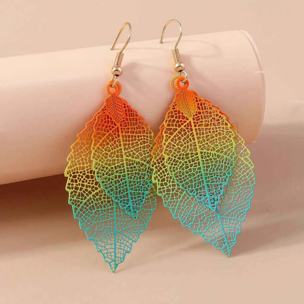 Colorful Bohemia Hollow Double Leaf Drop Earrings for Women Girls Dangle Earrings Party Holiday Jewelry Gifts