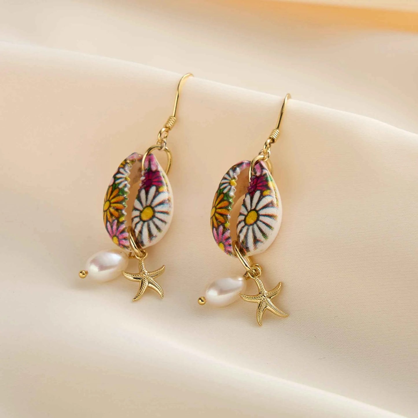 Effie Queen Natural Freshwater Pearls With Starfish Style & Floral Pattern Ornament 925 Sterling Silver Dangle Earrings GPE117