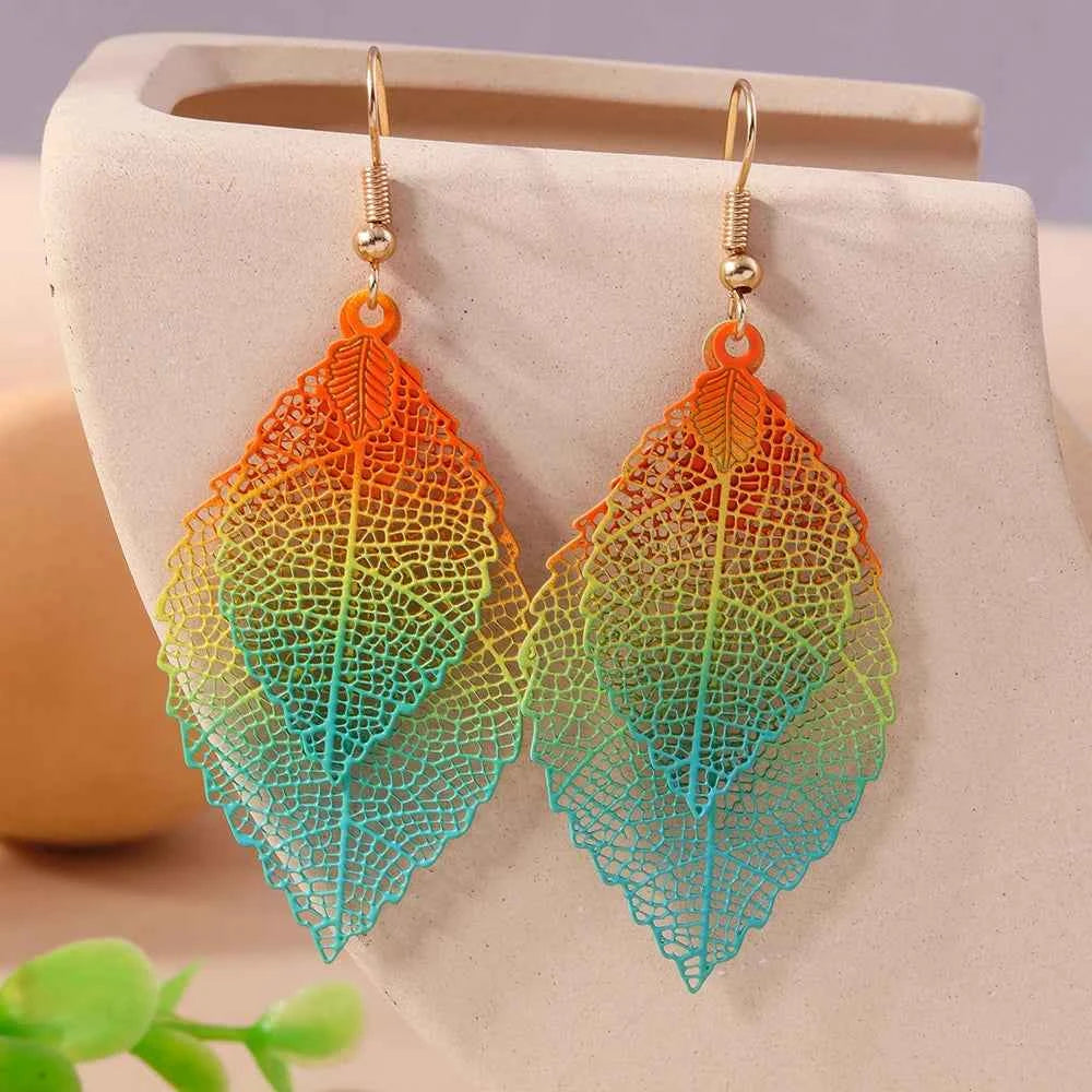 Colorful Bohemia Hollow Double Leaf Drop Earrings for Women Girls Dangle Earrings Party Holiday Jewelry Gifts
