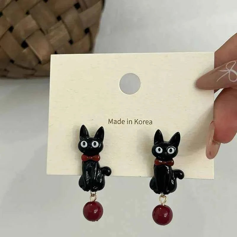 Sweet Cartoon Black Cat Cool Earrings Fashionable Women Girls Personality Temperament Red Pearl Pendant Earrings Simple Gift