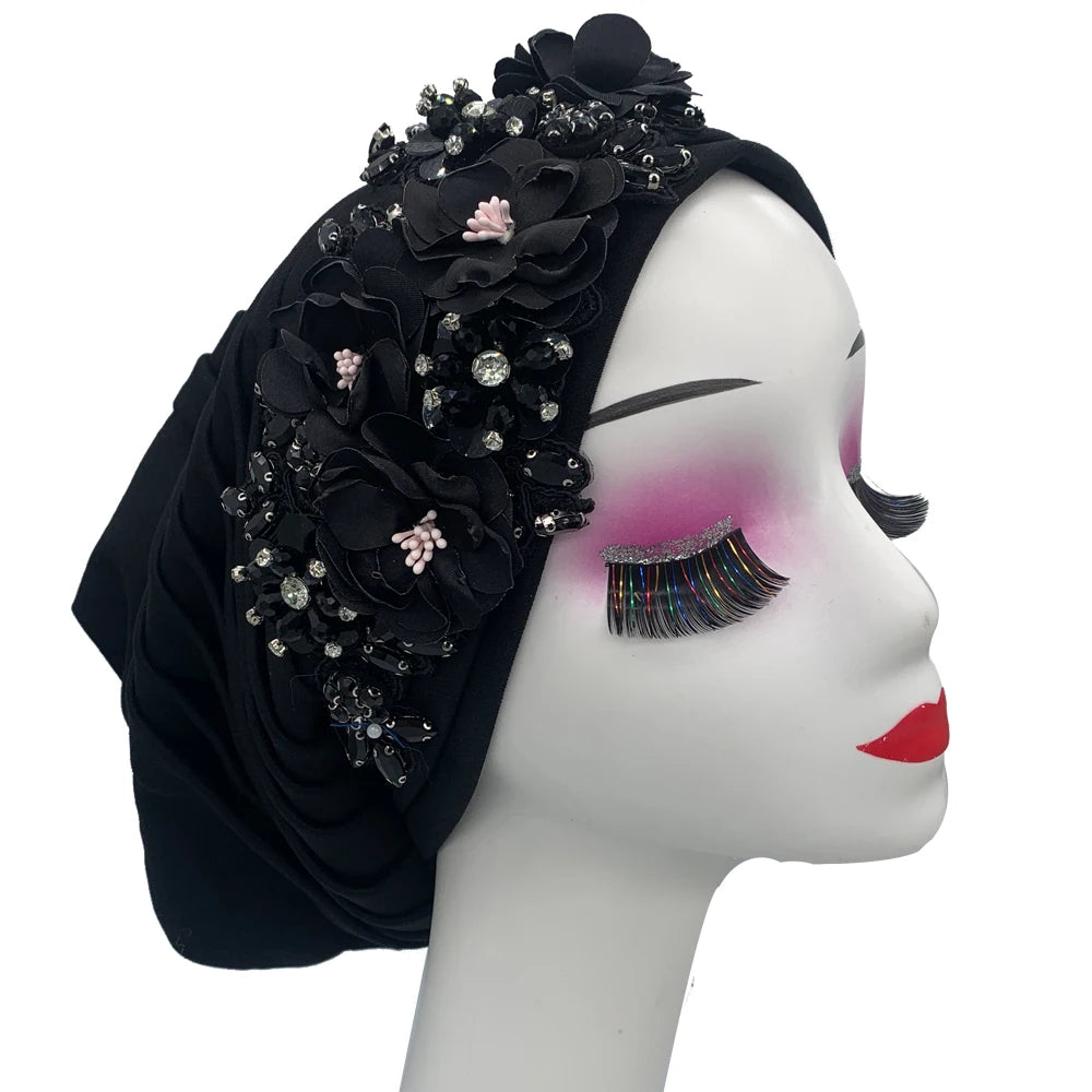 Elegant Flower Diamonds Women's Turban Cap African Party Headwear Hat Lady Head Wraps Muslim Headscarf Hats Turbante Mujer - NamafadStore