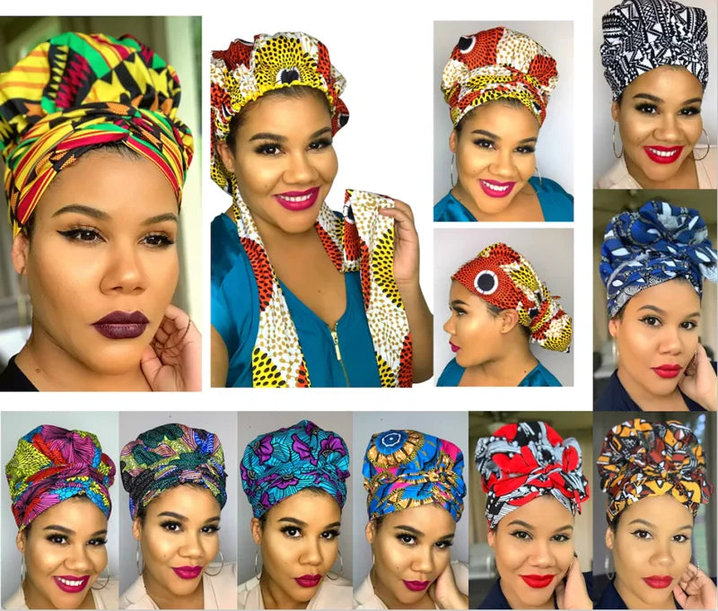 Satin Lining African Pattern Bonnet With Long Ribbon Women's Head Wrap Turban Cap Floral Print Ankara Hair Bonnet Hat - NamafadStore