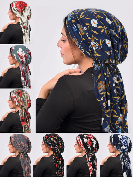 Ramadan Muslim Hijab Caps Wrap Head Soft Elastic Long Tail Turban Bonnet Fashion Print Headdress Wearable - NamafadStore