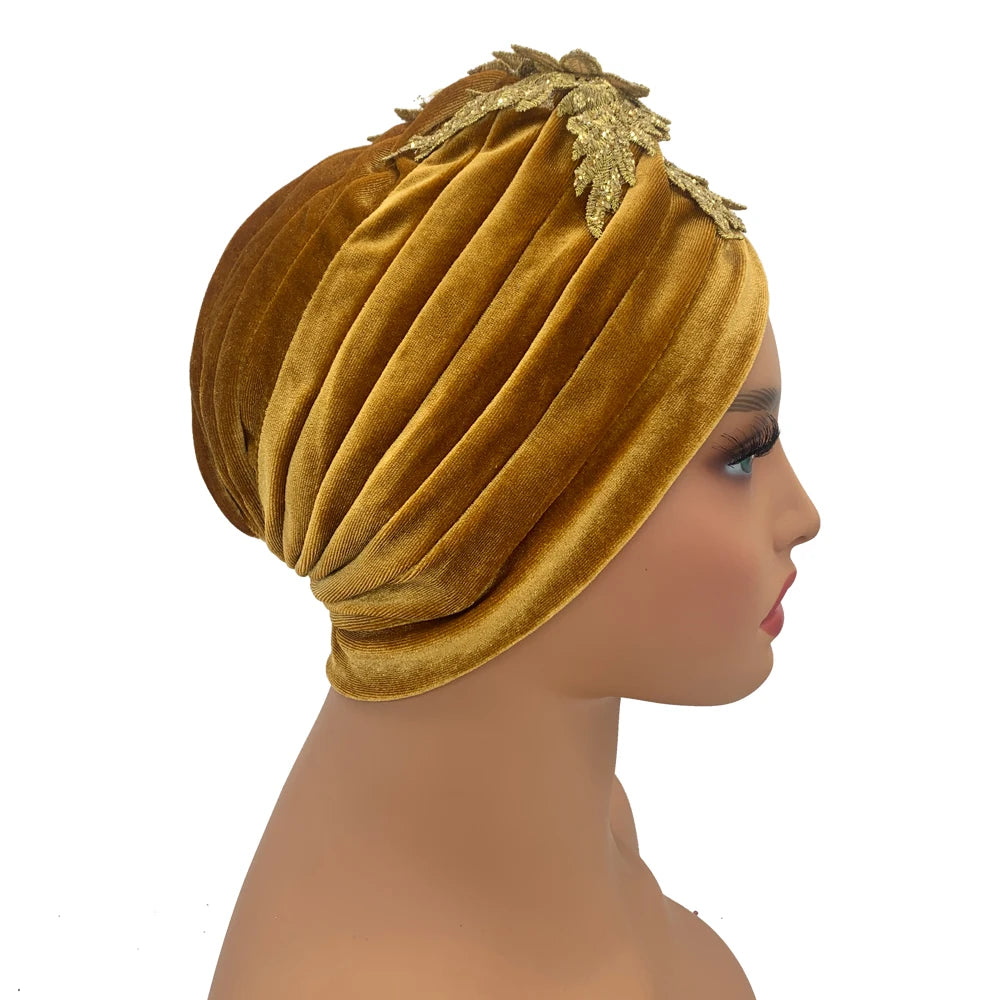 Applique Flower Embroidery Turban Caps for Women Ruffle Velvet Headscarf Bonnet Hat Female Head Wraps Turbante Mujer - NamafadStore
