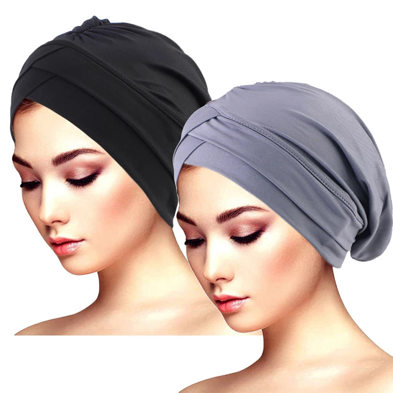 2PCS/LOT Classic Pleated Turban Hat Elegant Solid Color Head Wraps Headscarf Breathable Elastic Beanies Chemo Cap