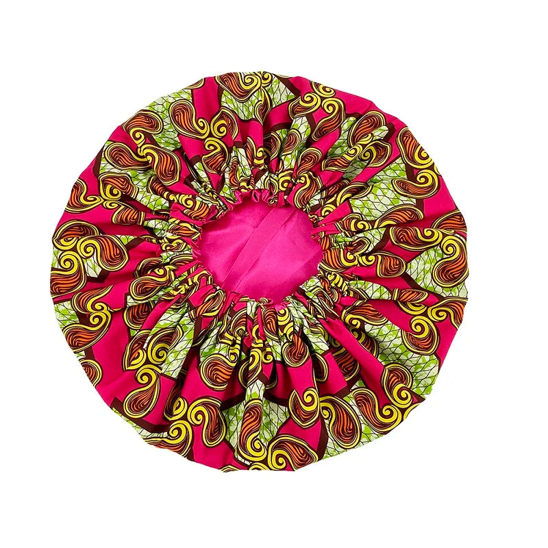 New African Ankara Pattern Satin Linned Bonnet Women Long Ribbon Headwrap Double Layer Headscarf Big Size Adult Hair Cover