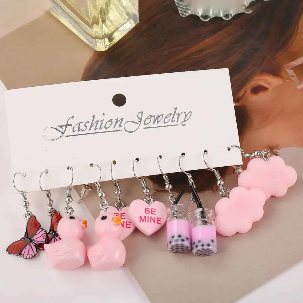 New Sweet Cartoon Dopamine Earrings Set For Women Colorful Cute Duck Butterfly Star Pig Drop Earring Party Earrings Jewelry Gift