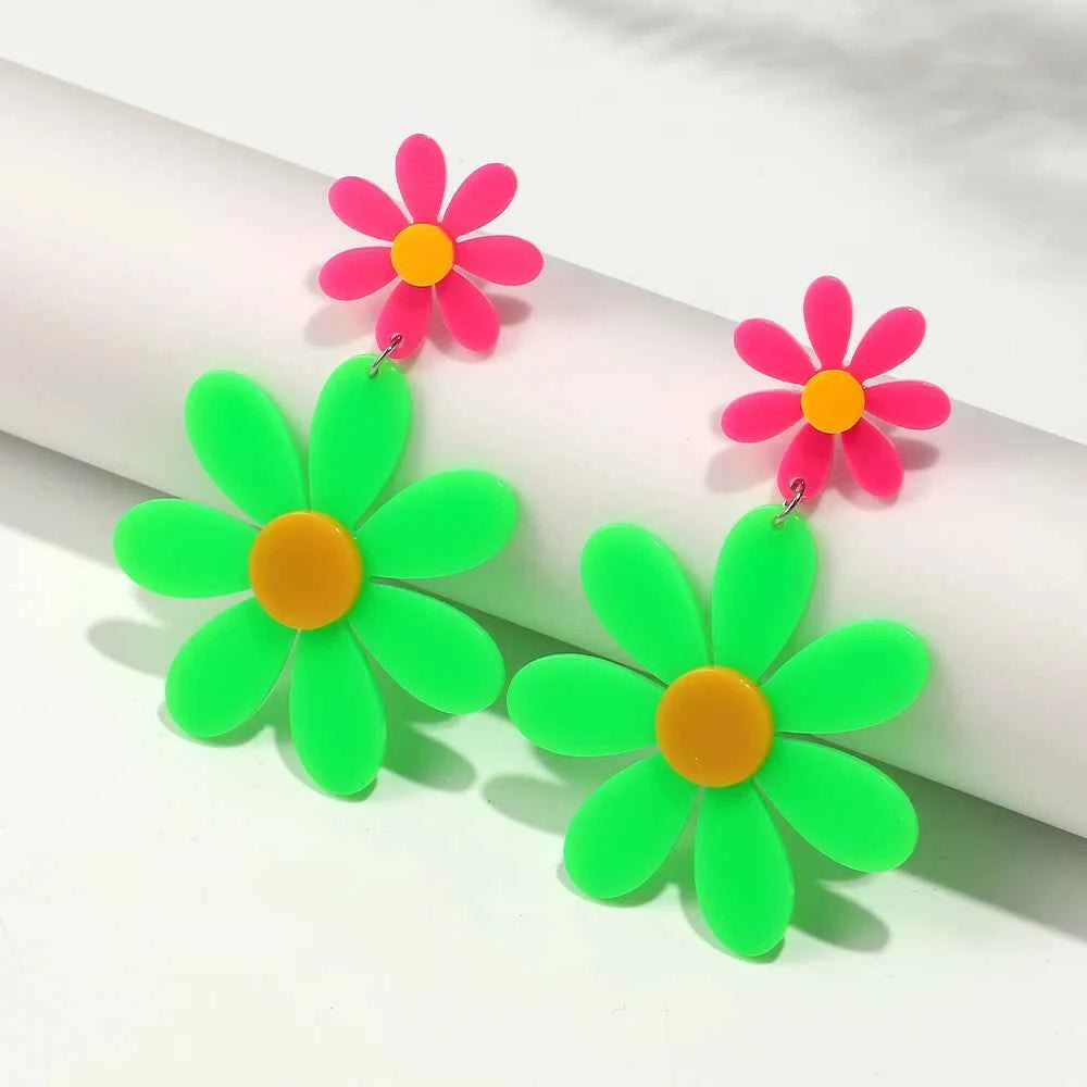 Boho Colorful Acrylic Sunflower Long Earrings for Women Korean Trendy Big Daisy Flower Drop Earring Cute Jewelry Birthday Gifts