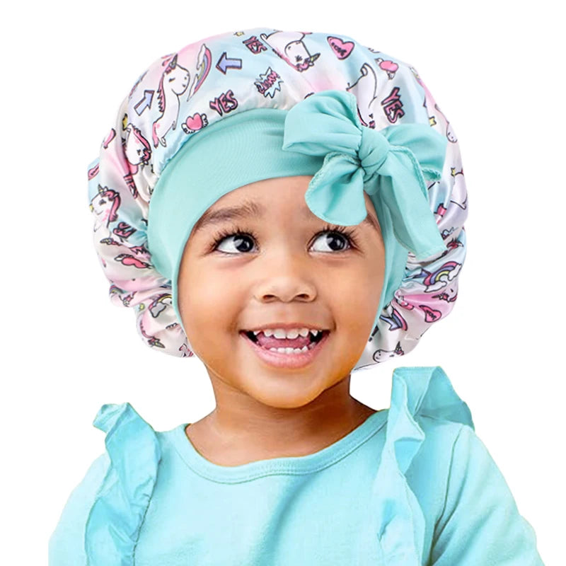 New Kids Unicorn Satin Bonnet Wide Elastic Band Ribbon Sleeping Cap Curly Natural Hair Child Night Caps Shower Cap Headscarf