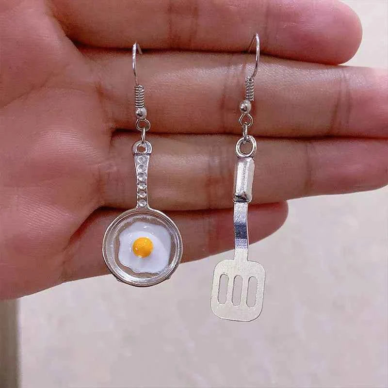 Egg Pot Spatula Earrings Poached Egg Fried Egg Spatula Earrings Kitchen Utensils Creative Asymmetric Earrings