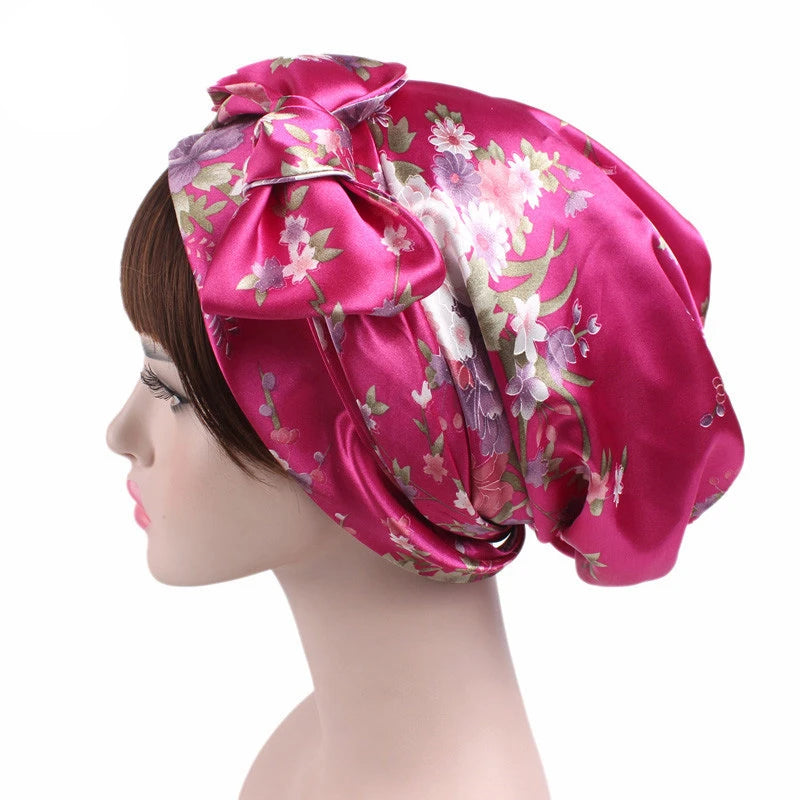 Women Silk Satin Cap Night Sleep Cap Hair Bonnet Hat Head Cover Satin Turban Headscarf Adjustable Ladies Long Hair Care Bonnet - NamafadStore