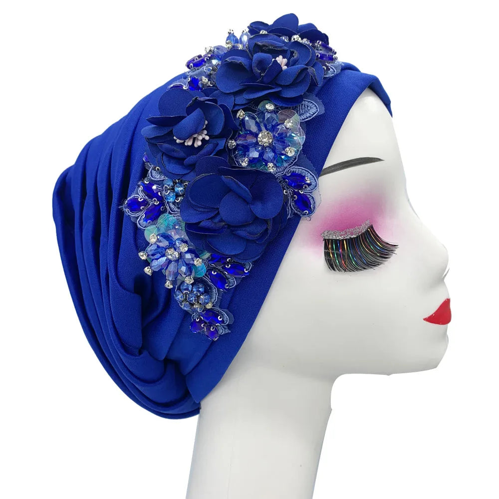 Elegant Flower Diamonds Women's Turban Cap African Party Headwear Hat Lady Head Wraps Muslim Headscarf Hats Turbante Mujer - NamafadStore