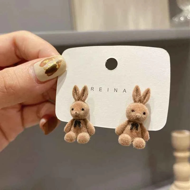 New Design Cute Flocking Plush Rabbit Stud Earrings for Women Korean Fashion Brown Animal Bear Earring Jewelry Party Girls Gift