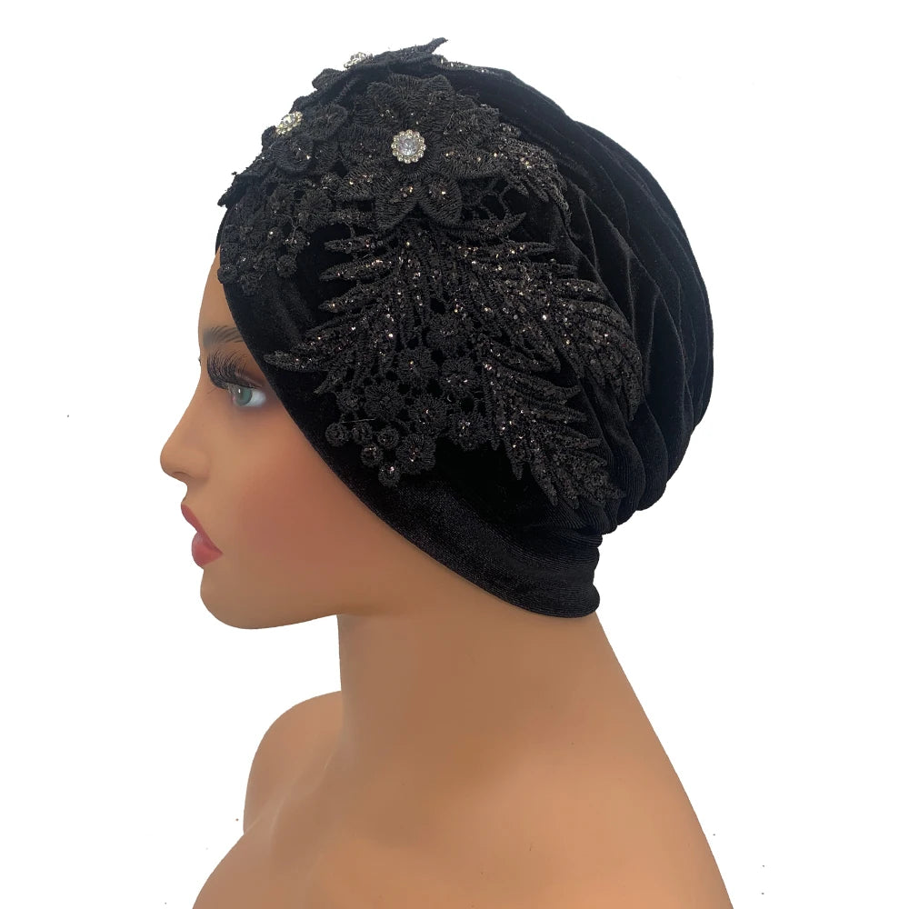 Applique Flower Embroidery Turban Caps for Women Ruffle Velvet Headscarf Bonnet Hat Female Head Wraps Turbante Mujer - NamafadStore