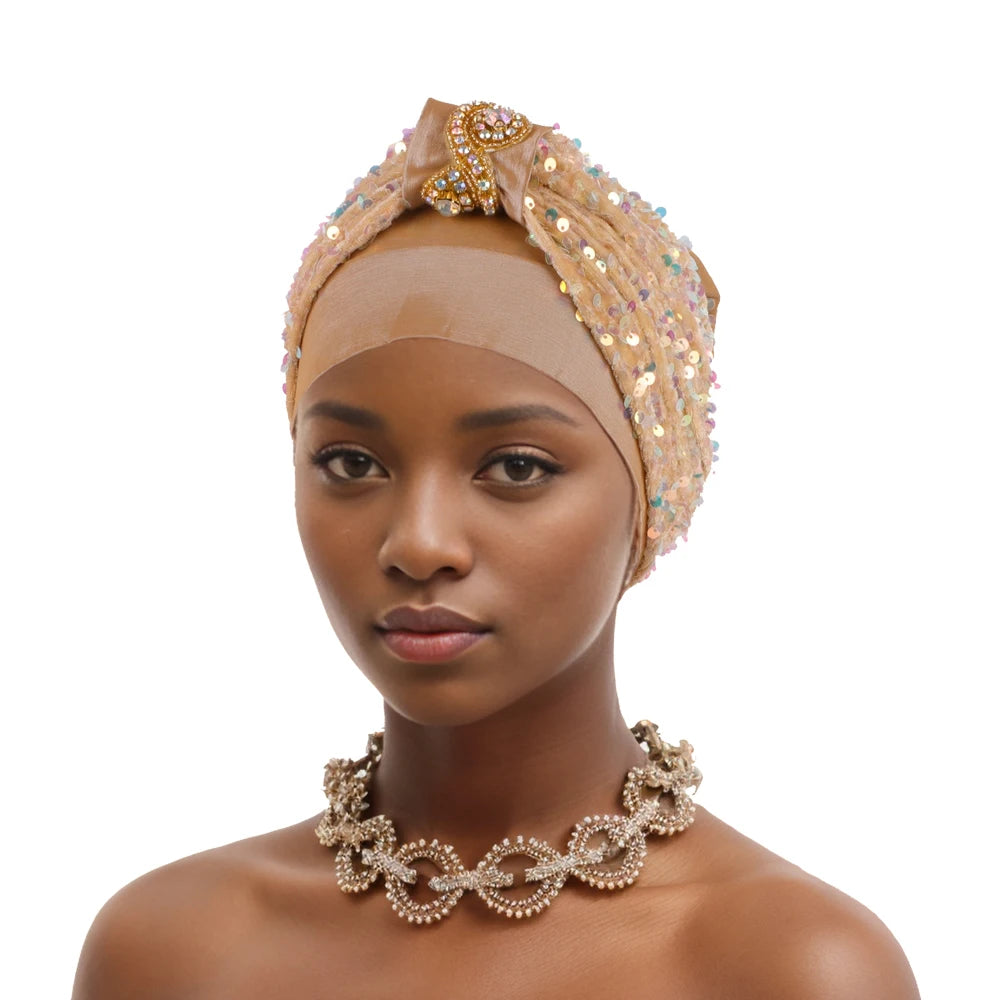 Shining Diamond Sequins Women's Turban Cap African Hat Headtie Bonnet Muslim Headwear Top Knotted Head Caps Turbante Mejur - NamafadStore