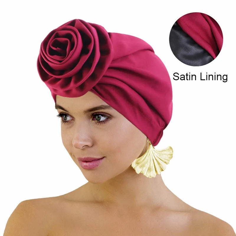 Satin Lined Woman Turban Cap Big Flower African Hat Solid Color Headwrap Bonnet Muslim Hijab Headscarf Ladies Beanies Headwear - NamafadStore