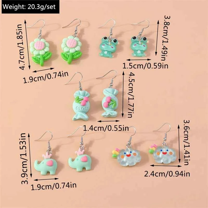 5Pairs/Set Fashion Flower Drop Earrings for Women Resin Heart Animal Dangle Hooks Earrings Girls Party Holiday Jewelry Gifts