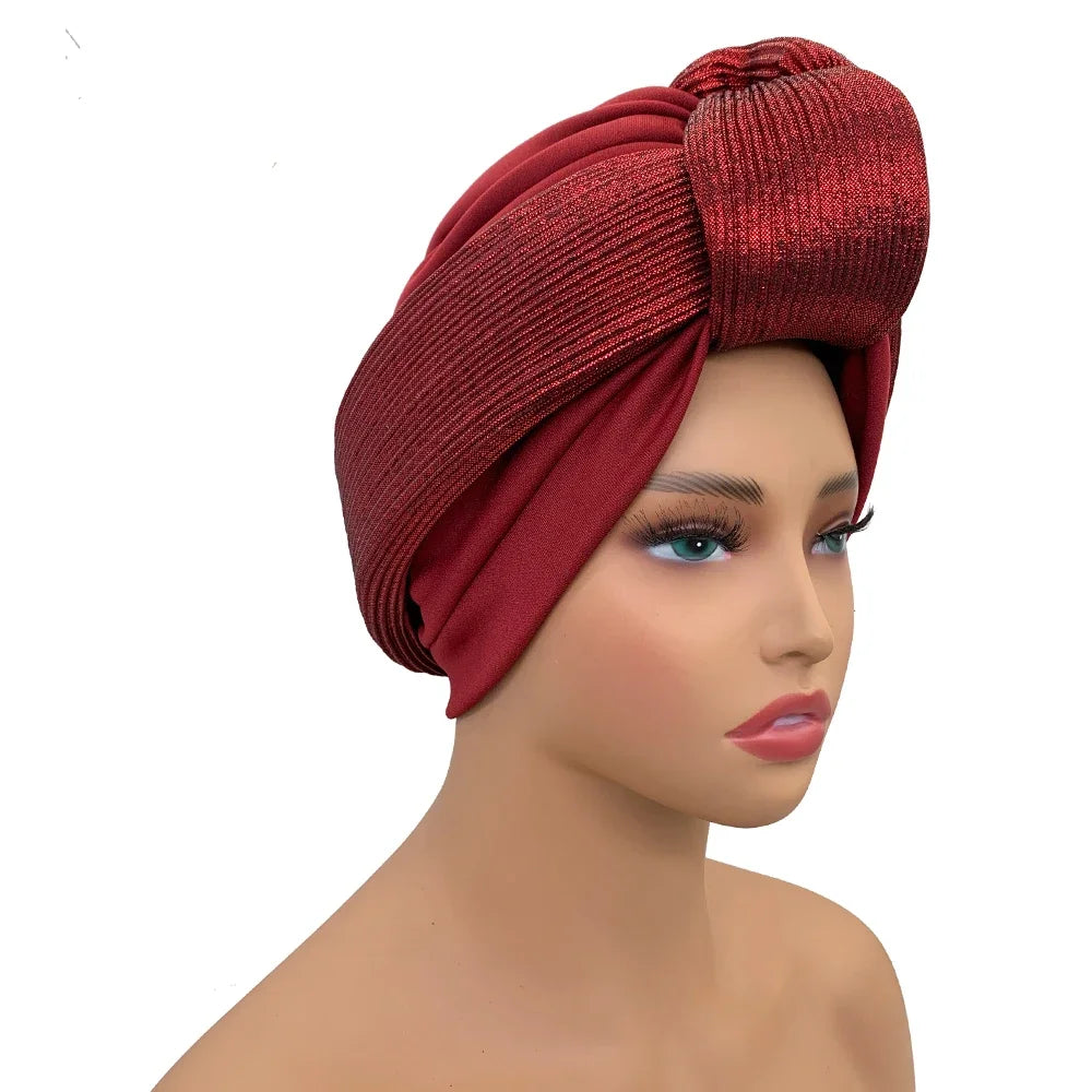 Glitter Knoted Head Wraps African Auto Gele Nigeria Wedding Headtie Party Headwear Muslim Hat Fashion Women's Turban Cap - NamafadStore