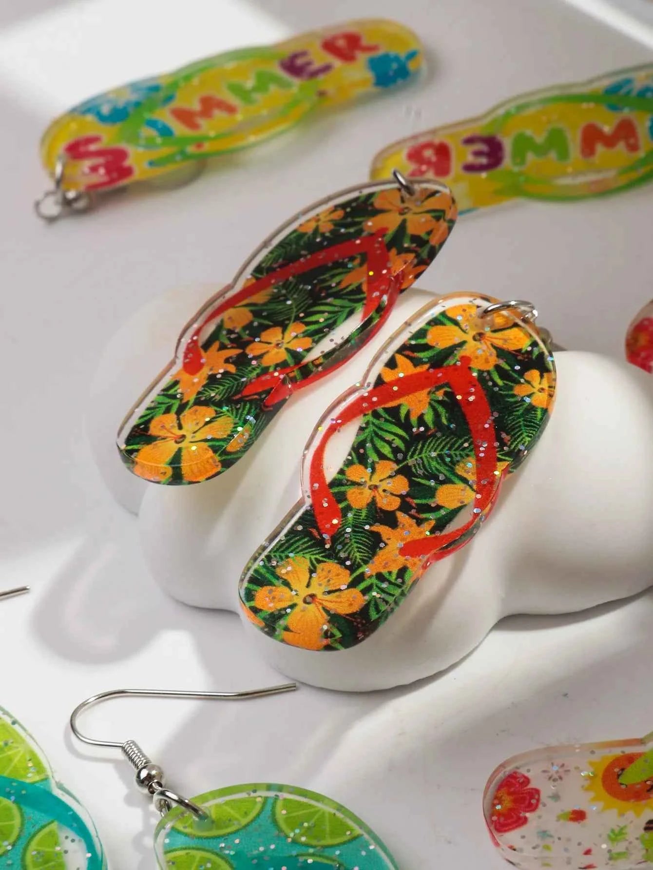 Bohomian Summer Acrylic Flower Slippers Earrings for Women Boho Resin Cute Lemon Leopard Print Shoes Earring Design Jewelry