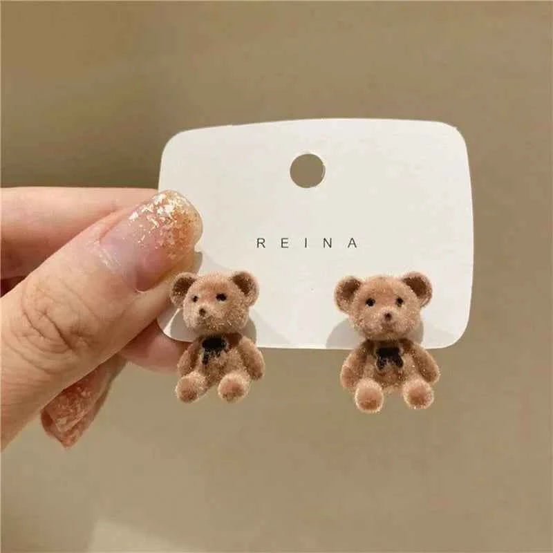 New Design Cute Flocking Plush Rabbit Stud Earrings for Women Korean Fashion Brown Animal Bear Earring Jewelry Party Girls Gift