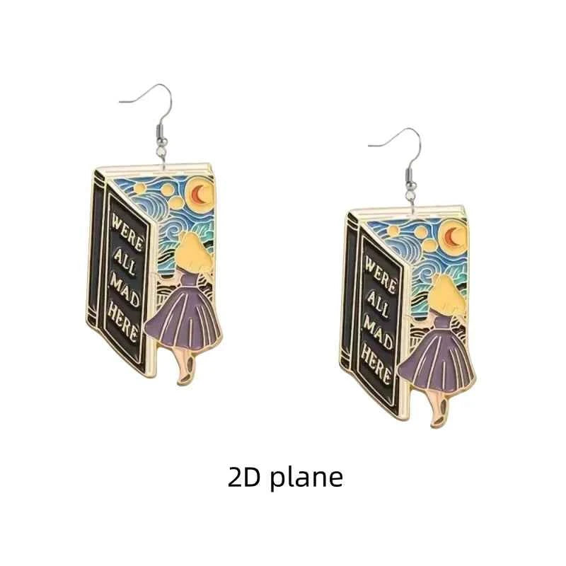 1 pair of art fairy tale book earrings 2D flat Alice image and classic statement casual party acrylic girl student earrings