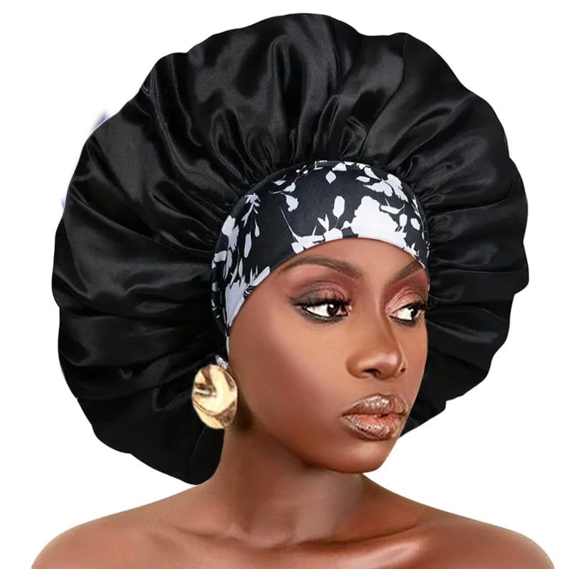 New Big Size Floral Print Bonnet Satin Wide Elastic Band Beanie Night Sleep Caps Head Cover African Headwrap Turban Chemo Caps - NamafadStore