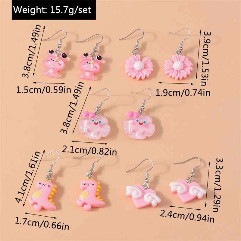 5Pairs/Set Fashion Flower Drop Earrings for Women Resin Heart Animal Dangle Hooks Earrings Girls Party Holiday Jewelry Gifts