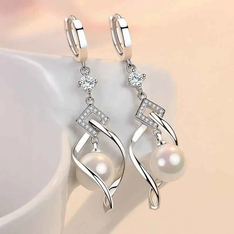 925 Sterling Silver Crystal Zirconia Natural Pearl Earrings, Women's Fashion Gorgeous Wedding Engagement Party Jewelry