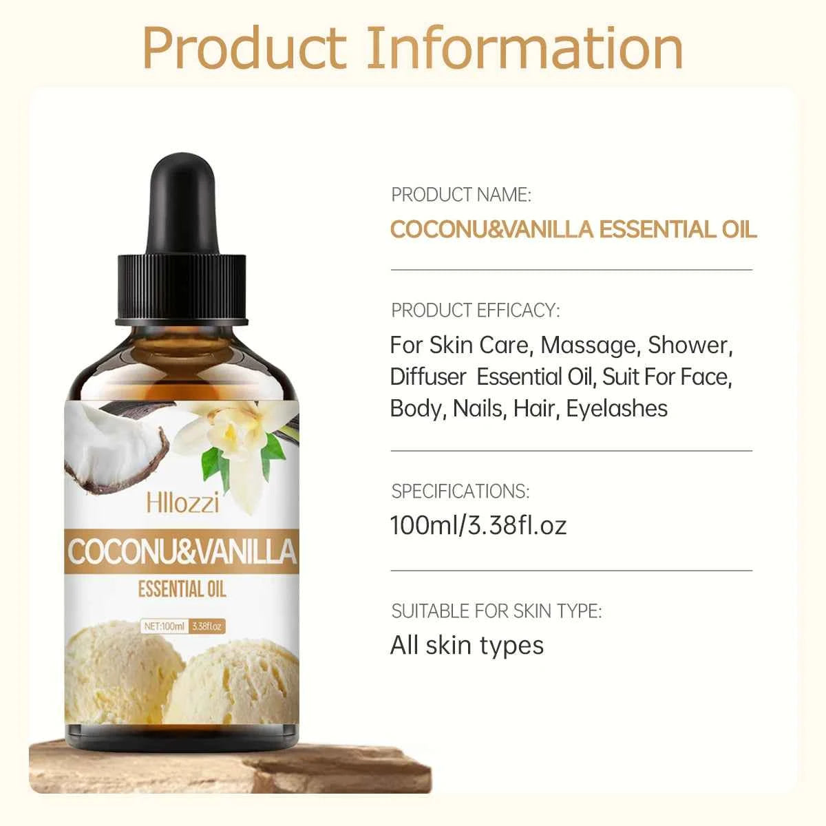 Coconut & Vanilla essential oil for body massage, aromatherapy diffuser, long lasting fragrance, suitable for all skin types. - NamafadStore