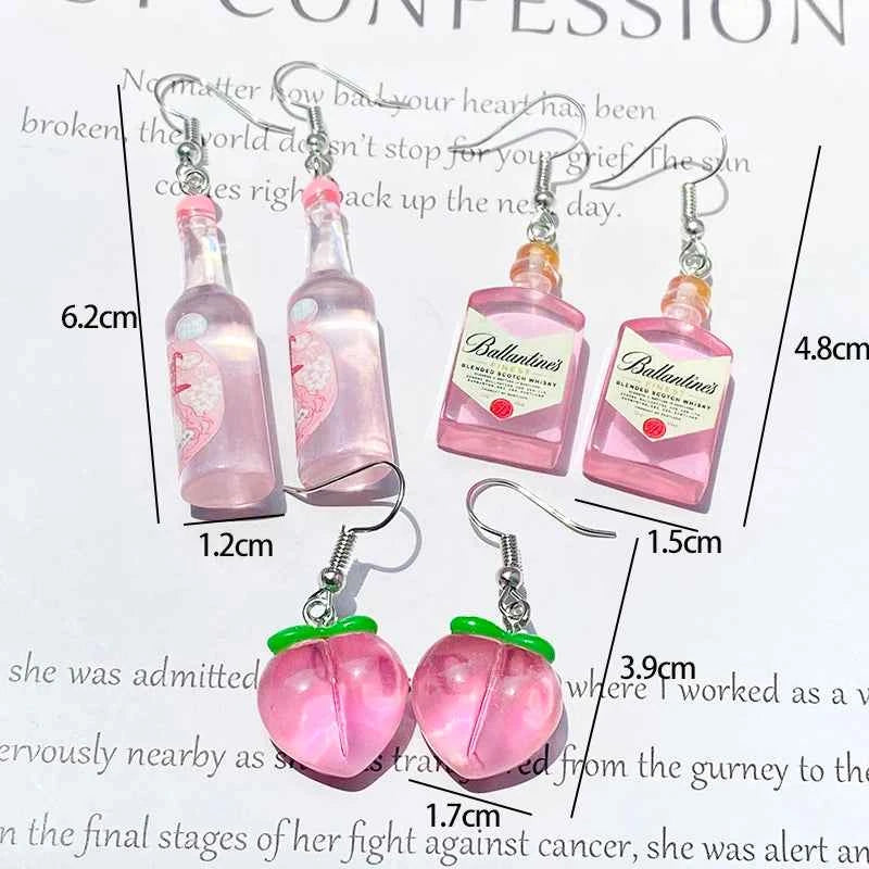 Transparent Pink Bottles Peach Drop Earrings Cute Funny Romantic 3D Simulation Fruit Drink Pendant Earring Women Gift Jewelry