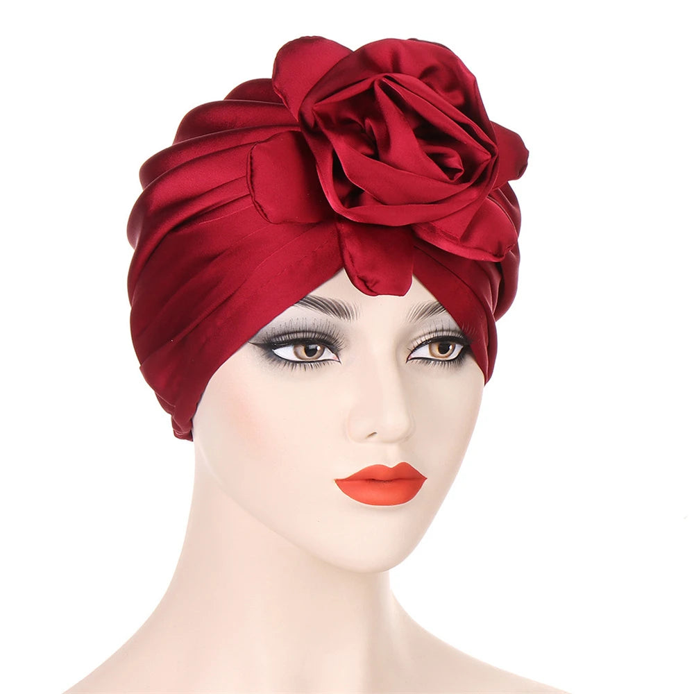 Big Flower Muslim Women Turban Satin Head Wrap Hijab Sleep Night Hat Chemo Cap Indian Elastic Beanie Ladies Hair Loss Headwear - NamafadStore