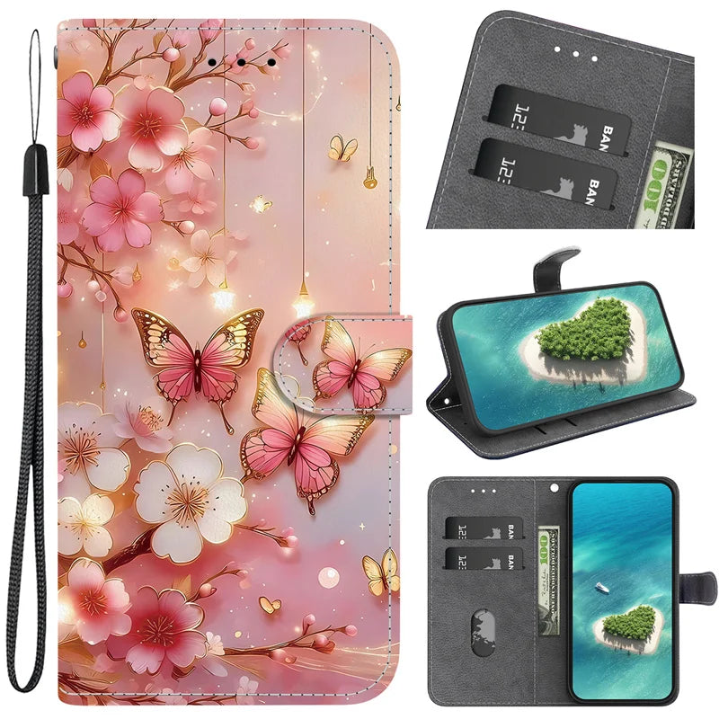 i17e Air Rose Cat Bear Case for iPhone 17e 16e 15 14 Plus 13 12 iphone17 Pro Max Cases Wallet Flip Stand Back Cover Strap Coque