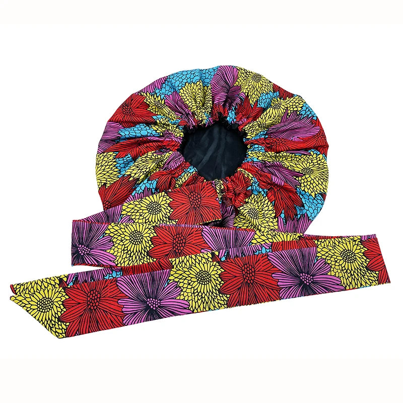 New African Ankara Pattern Satin Linned Bonnet Women Long Ribbon Headwrap Double Layer Headscarf Big Size Adult Hair Cover
