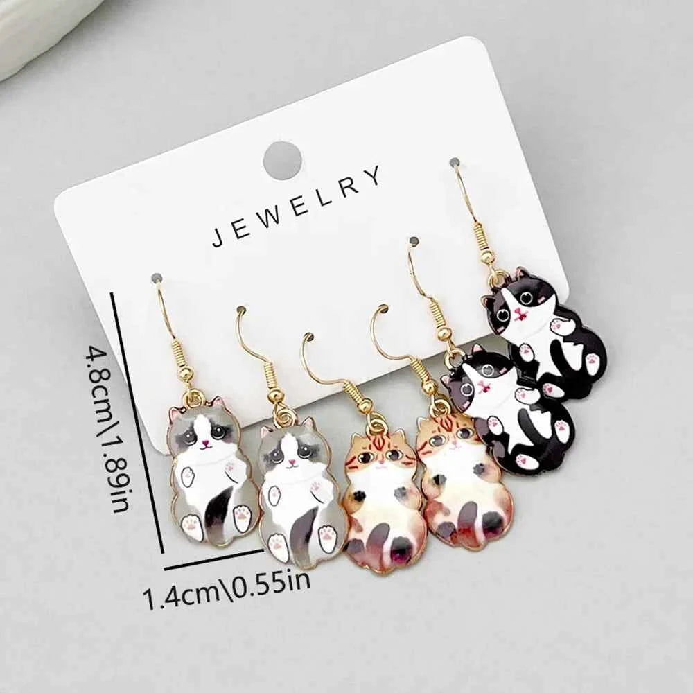 3 Pairs New Fun and Cute Enamel Alloy Hanging Tail Cat Dangle Earrings Colored Cat Ear Jewelry Set Lovely Gift For Women Girls