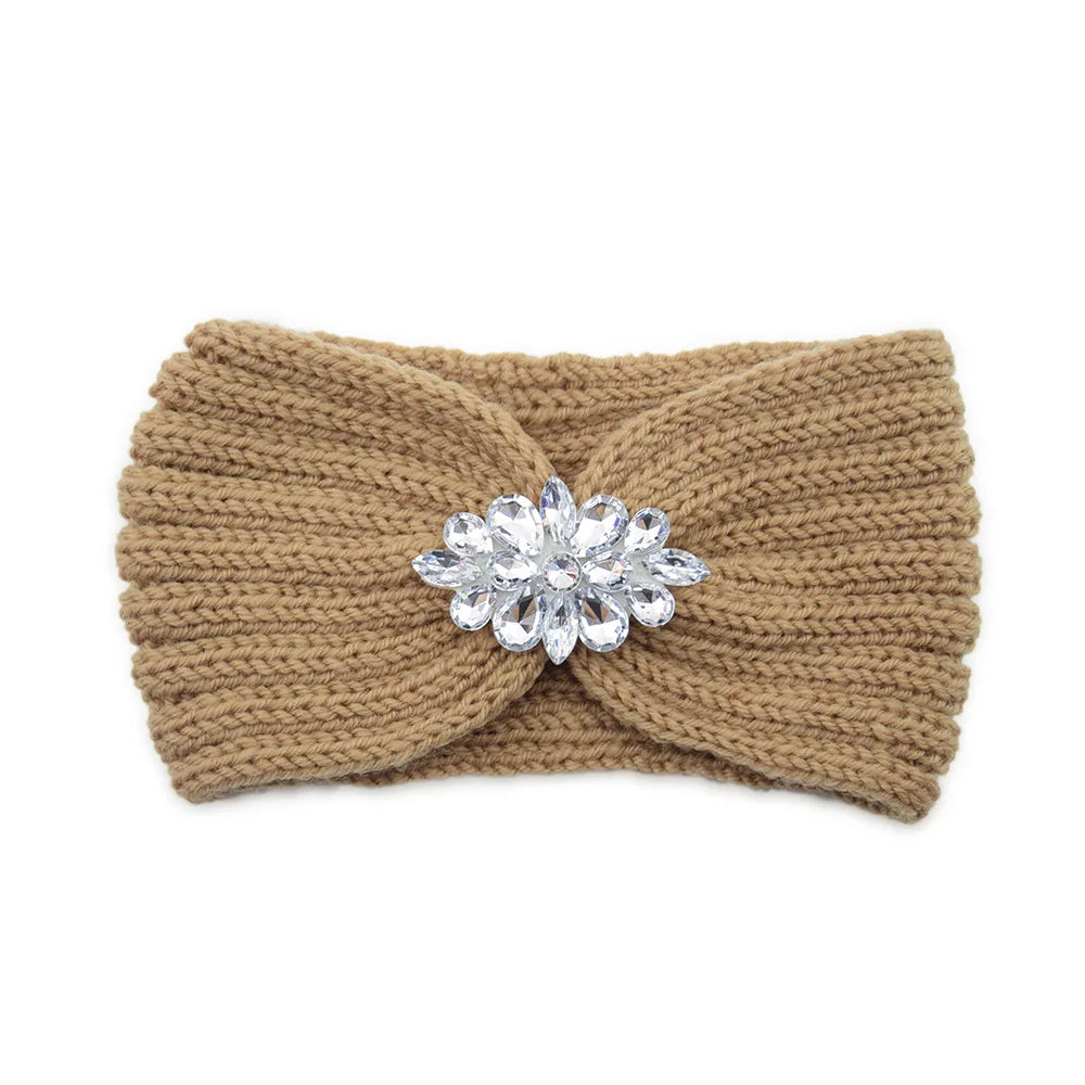 Elegant Women Rhinestone Knitted Hair Bands Ear Protection Headband Head Cover Face Washing Exercise Yoga Warm Wool Headwrap - NamafadStore