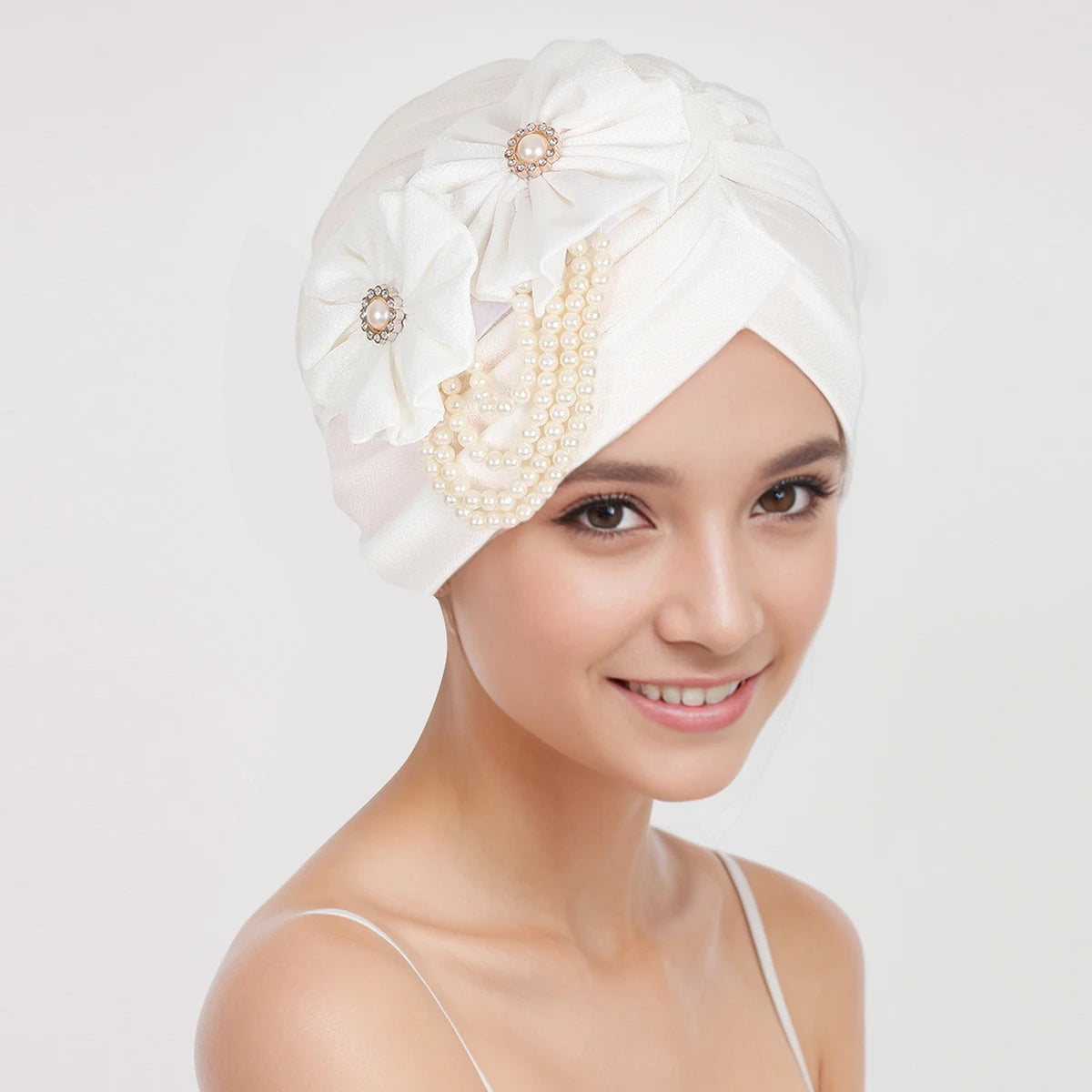 Pearls Beading Turban Cap for Women Flower Design Female Head Wraps Muslim Headscarf Bonnet Hairloss Hat Cover - NamafadStore