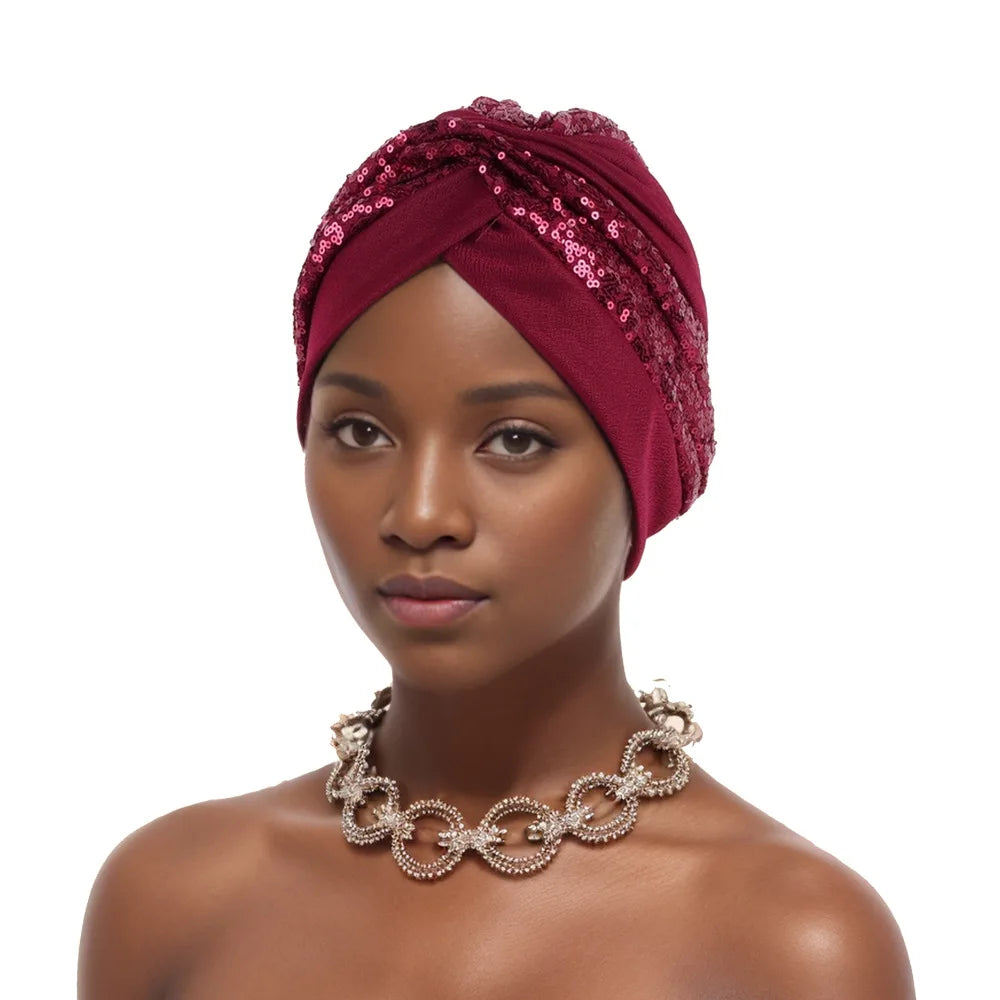 Shining Sequins African Turban Cap Female Head Wraps Muslim Headscarf Bonnet Hijab Hat Nigeria Wedding Party Headpiece - NamafadStore