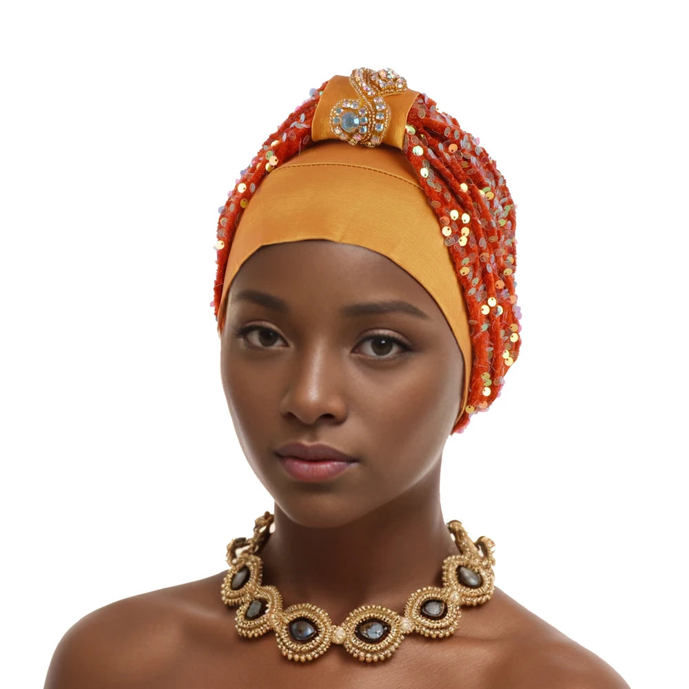 Shining Diamond Sequins Women's Turban Cap African Hat Headtie Bonnet Muslim Headwear Top Knotted Head Caps Turbante Mejur - NamafadStore