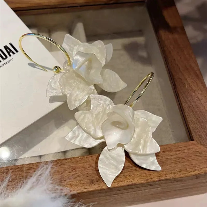 Korean Fashion Earrings Exquisite Dangle Earrings White Crystal Zirconia Flower Bridal Earring Party Jewelry for Women Aretes