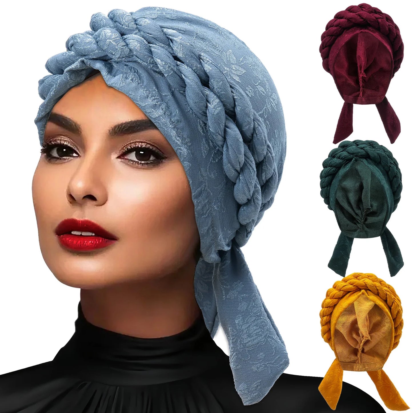 Solid Color Double Braids Turban Caps for Women Fashion Women Muslim Wrap Head Bonnet Headwear Braid Hat Turbante Mujer - NamafadStore
