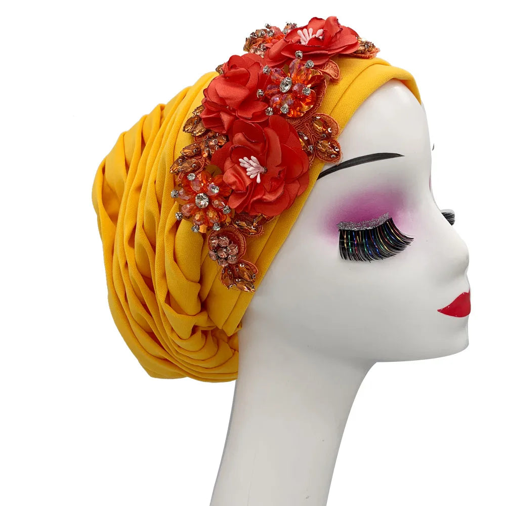 Elegant Flower Diamonds Women's Turban Cap African Party Headwear Hat Lady Head Wraps Muslim Headscarf Hats Turbante Mujer - NamafadStore