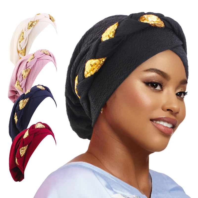 New African Headband Turban Cap Muslim Fried Dough Twists Braid Head Cap Islamic Chemo Hair Care Hats Beanie Headscarf - NamafadStore
