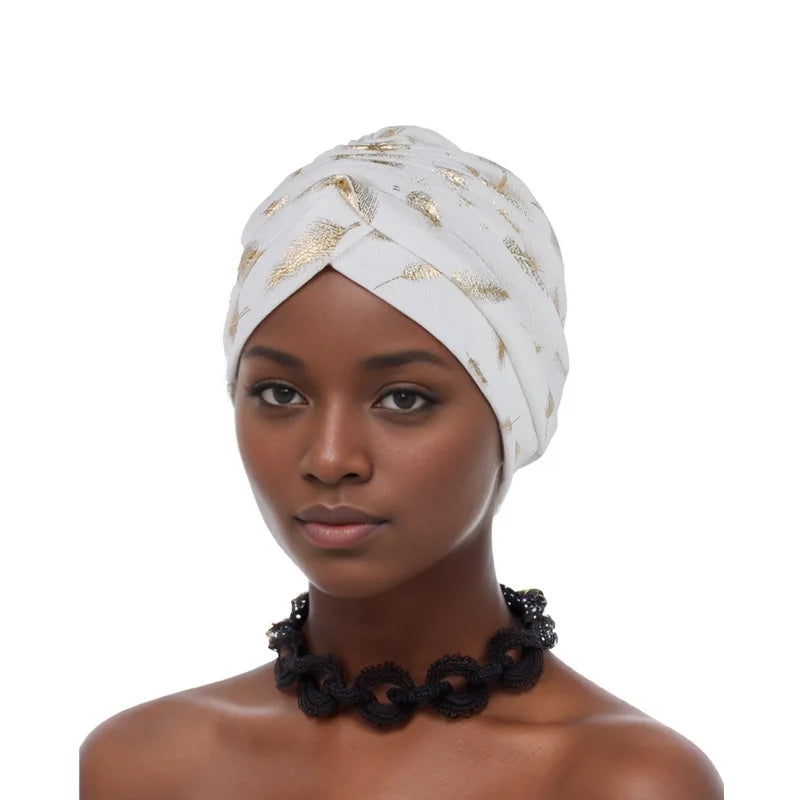 Feather Gold Stamping Fabric Turban Cap for Women African Wrap Head Bonnet Muslim Under Scarf Hat Turbante Mujer - NamafadStore