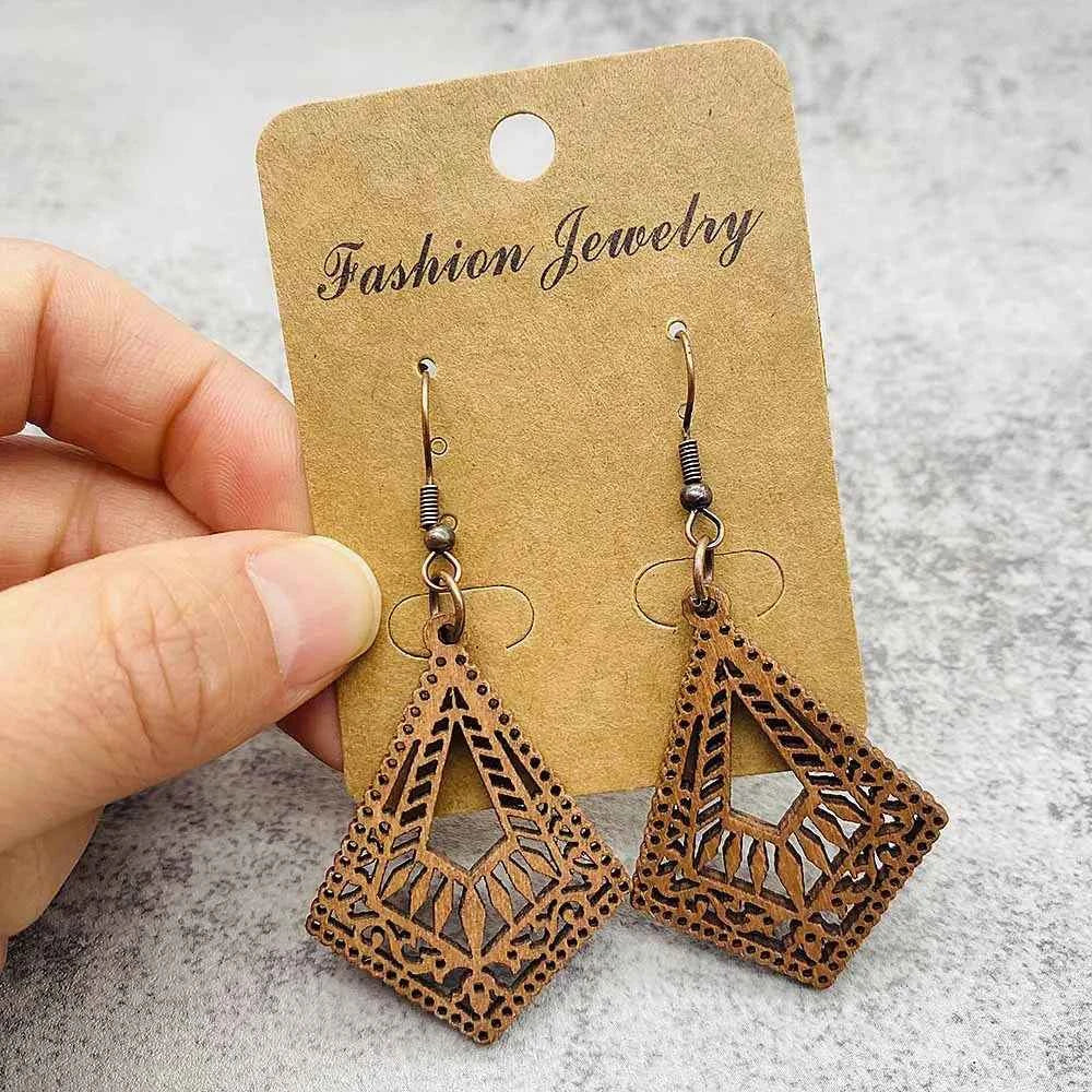 Vintage Hollowed Out Wooden Earrings Fashionable  Bohemian Style Creative Geometric Earrings Set for Women's Daily Wear