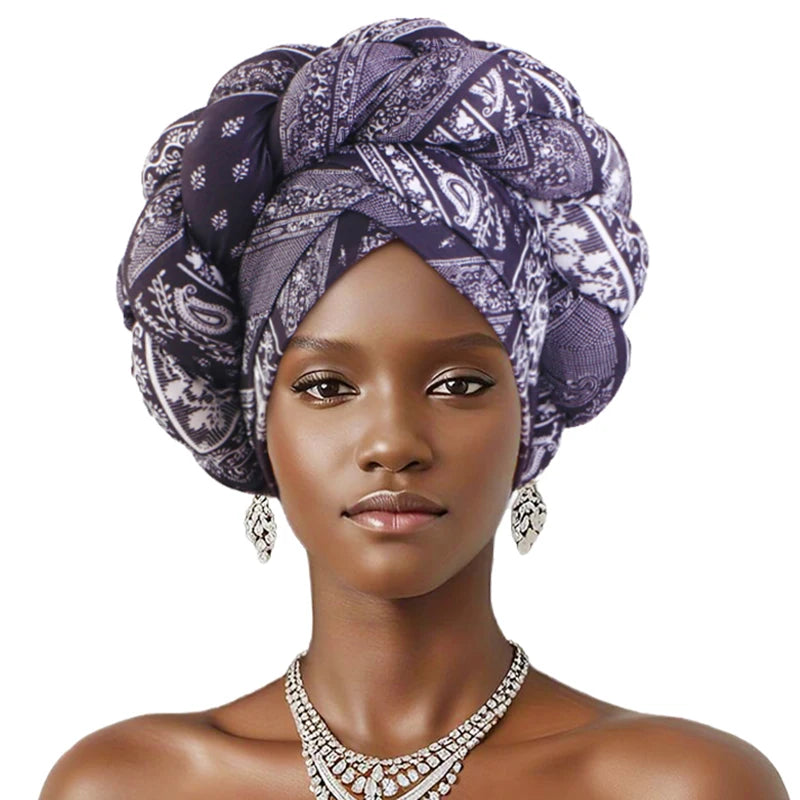 New African Print Twisted Large Braid Turban Hat Muslim Hijab Hat Elastic Head Wraps Headscarf Ramadan Headscarf Beanie Hats - NamafadStore