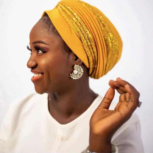 Shining Sequins African Turban Cap Female Head Wraps Muslim Headscarf Bonnet Hijab Hat Nigeria Wedding Party Headpiece - NamafadStore